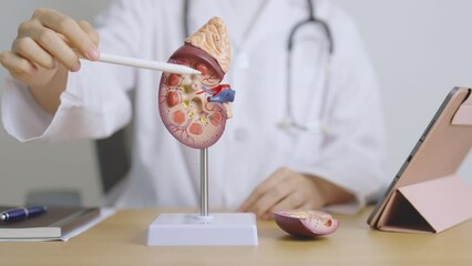 Doctor with Kidney Adrenal gland anatomy model and tablet. disease of Urinary system and Stones, Cancer, world kidney day, Chronic kidney, Urology, Nephritis, Renal, Transplant and health
