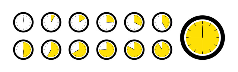 Set of timer. Stopwatch icons set. Countdown 0, 5, 10, 15, 20, 25, 30, 35, 40, 45, 50, 55, 60 minutes. Timer symbol. Outline stopwatch icon. Alarm pictogram. Vector, Transparent background