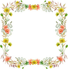 Floral frame, watercolor flowers, meadow, wild flowers, illustration, invitation, decoration
