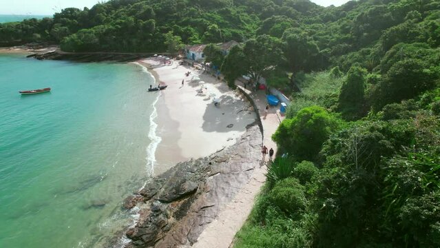 Pristine Turquoise Sea Water Beach Shore Aerial View, Azeda Beach Buzios Brazil Rio de Janeiro, Green Jungle Cliff Landscape