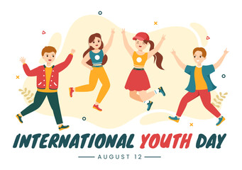 Happy International Youth Day Vector Illustration with Young Boys and Girls Togetherness in Flat Cartoon Hand Drawn Cute Background Templates