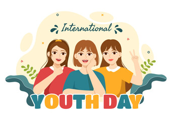 Happy International Youth Day Vector Illustration with Young Boys and Girls Togetherness in Flat Cartoon Hand Drawn Cute Background Templates