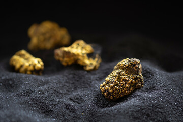 Pure gold from the mine that was unearthed was placed on the black sand..