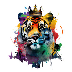 Colorful art of a tiger with a crown on transparent background, generative ai
