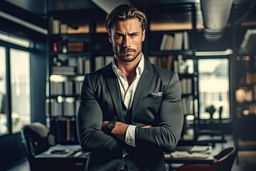 Serious businessman looking at camera and keeping arms crossed while standing in office