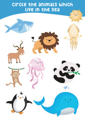Circle the animals which live in the sea. Circle the sea animals on the page. Fun educational worksheet for kindergarten and preschool children. Printable activity kit for children. Vector file.