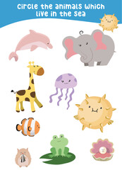 Obraz premium Circle the animals which live in the sea. Circle the sea animals on the page. Fun educational worksheet for kindergarten and preschool children. Printable activity kit for children. Vector file.