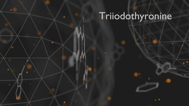 Triiodothyronine (T3, liothyronine) thyroid hormone molecule. Pituitary gland hormone. Also used as drug to treat hypothyroidism. Skeletal formula.