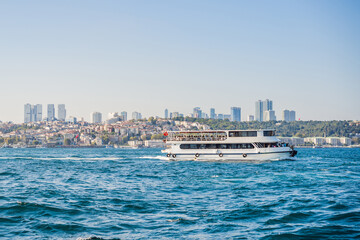 Muslim architecture and water transport in Turkey - Beautiful View touristic landmarks from sea voyage on Bosphorus