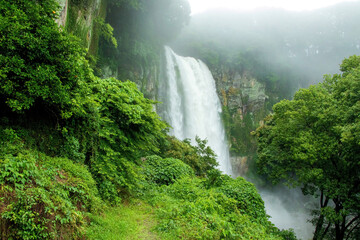 제주도에 있는 유명한 관광 명소인 엉또 폭포의 아름다운 풍경이다.