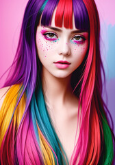 Fototapeta premium Fashion portrait of a beautiful woman with multi colored hair on bright background. Generative AI.
