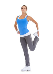 Portrait, fitness and stretching with a sports woman isolated on a transparent background for health. Exercise, preparation and warm up with a female athlete getting ready for training on PNG