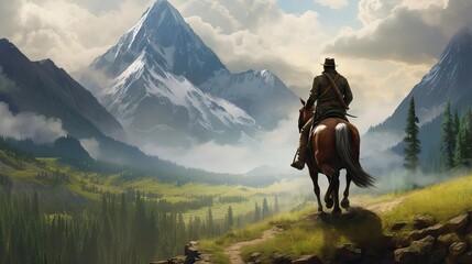 A cowboy or cowgirl riding a horse with a majestic mountain landscape in the background. Generative AI.