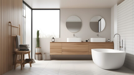 Naklejka na ściany i meble bathroom interior with bathtub and mirror