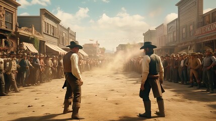 An intense cowboy duel on the main street of a typical western town, echoing tales of law and disorder in the old west. Generative AI - obrazy, fototapety, plakaty