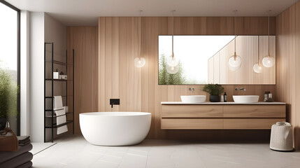 Naklejka na ściany i meble bathroom interior with bathtub and mirror