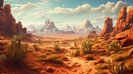 A desert landscape with towering cacti and majestic mountains in the backdrop, reflecting the untamed beauty of the wilderness. Generative AI.