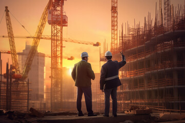 Fototapeta na wymiar Silhouette of Engineer and worker checking project at building site background, construction site at sunset in evening time.