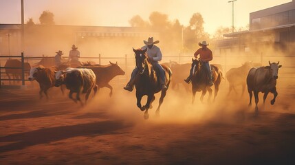 An action-packed rodeo with brave cowboys participating in thrilling lasso events or daredevil bull riding. Generative AI - obrazy, fototapety, plakaty