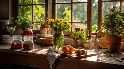 Fototapeta na wymiar Sunlit Harvest: Embracing Summer's Bounty in a Rustic Kitchen 1. Generative AI