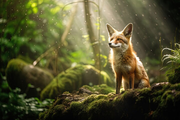 A magical fairy tale forest with a fox. A mythical realm is like something out of a storybook