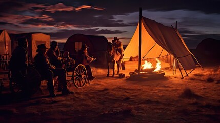A crackling campfire in a cowboy camp, the silhouettes of covered wagons in the background adding a touch of the old west. Generative AI. - obrazy, fototapety, plakaty