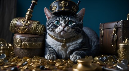 A hilarious cat surrounded by scattered gold coins and jewels, Generative AI