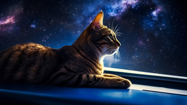A sleek Astro cat lounges on the edge of a spaceship, Generative AI
