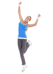 Isolated woman, celebration and fitness portrait with smile, success and fist in air by transparent png background. Girl, model or excited personal trainer with body goals, win or workout achievement