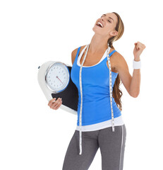 Isolated woman, scale and measuring tape with celebration to lose weight by transparent png...