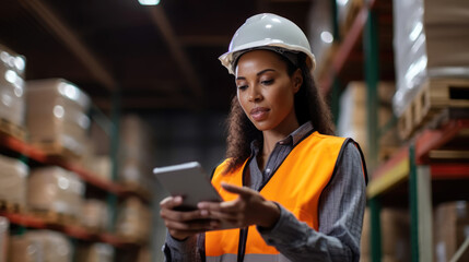 Manager adding stock inventory data in digital tablet in warehouse wearing a white hardhat and safety vest. Generative AI