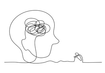 Continuous line art of a person with stress and anxiety, lineart vector illustration.