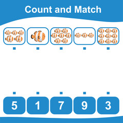 Count together the clownfish and match with the number. Count the sea life and match with numbers. Count and match math worksheet. Math game for children. Vector illustration file.