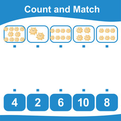 Count together the pufferfish and match with the number. Count the sea life and match with numbers. Count and match math worksheet. Math game for children. Vector illustration file.