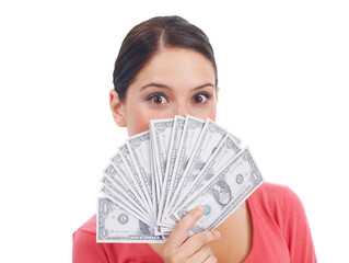 Portrait, winner and woman with money for covering face in png or isolated and transparent...