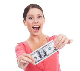 Cash, money and excited portrait of a woman for investment growth, dollar and finance. Paper bill winner or person with prize, profit or competition giveaway isolated on transparent, png background