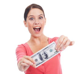 Cash, money and excited portrait of a woman for investment growth, dollar and finance. Paper bill winner or person with prize, profit or competition giveaway isolated on transparent, png background