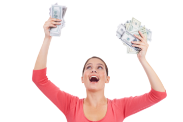 Happy woman, money and celebration for winning in financial freedom isolated on a transparent PNG background. Female person or winner with cash, loan or dollar bills for lottery prize or investment