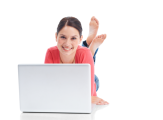 Laptop, portrait and education with a woman student lying on the floor isolated on a transparent background. Computer, internet and smile with a happy young female university pupil studying on PNG