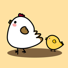 Chicks following chicken. Hatched chick and hen family. Easter chicken mascot bird, mother chick and small hens cartoon vector illustration.
