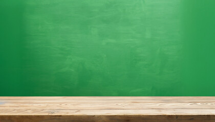 Wooden desk and dark green wall with shadows. Empty space for your product.