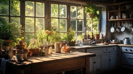 Fototapeta na wymiar Serene Morning Retreat: Embracing the Tranquility of Rural Kitchen Living 2. Generative AI