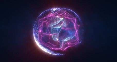 Abstract purple energy sphere from particles and waves of magical glowing on a dark background