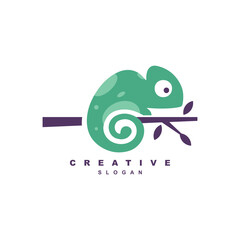 Green chameleon on tree branch logo design for your brand or business