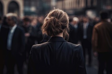 Fototapeta premium Urban professional. Young businesswoman walking on city street. Modern woman in a suit on blur busy streets background
