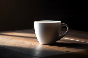 Illustration of a Plain White Coffee Mug on a Wooden Table. Generative AI