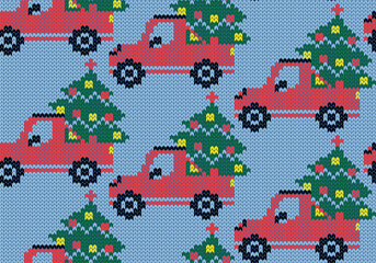 Knitting car red off-road vehicle with Christmas tree. Seamless pattern. Vector illustration. - obrazy, fototapety, plakaty