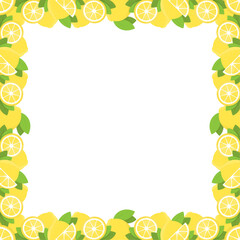 Citrus fruits vector frame with copy space. Border of yellow lemons and green leaves on white background.