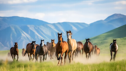 Fototapeta na wymiar herd of horse running on the green grass and mountain background 
