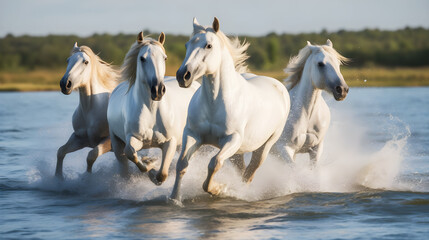 Obraz na płótnie Canvas herd of white horse running through the water 
